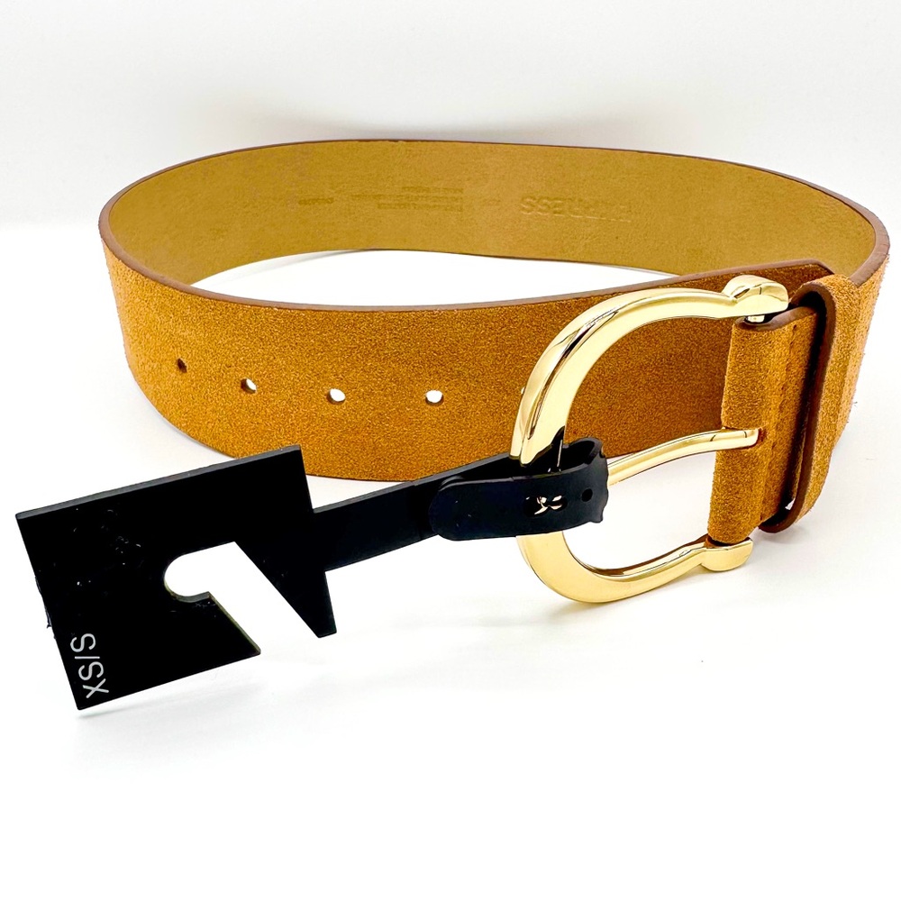 Express Suede Belt in Tan with Gold Buckle